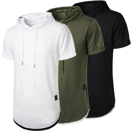 maoxiangshop Summer Hooded Sweatwear New Mens Short Sleeve Loose T-shirt Solid Color Lightweight Hoodie Fitness Breathable Collar Tops