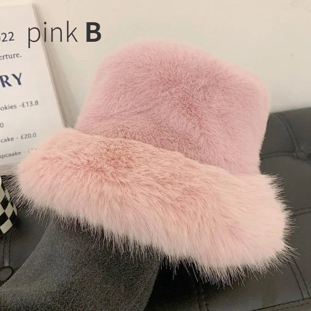 maoxiangshop y2k Fluffy Faux Fur Bucket Hat Women Rabbit Fur Warm Thick Plush Winter Hat Lady Luxury Fashion Furry Panama Fisherman Cap