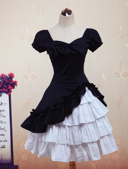 maoxiangshop  -  Wine White Lolita OP Dress Short Sleeves Withe Ruffles Lolita Black Dress  plus Size Lolita