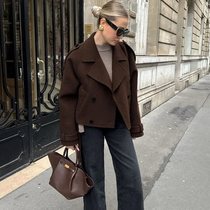 maoxiangshop  -  Brown Double Breasted Wool Coat Office Women's Retro Lapel Short Jacket Loose Solid  Autumn Winter Coat Female Outfits