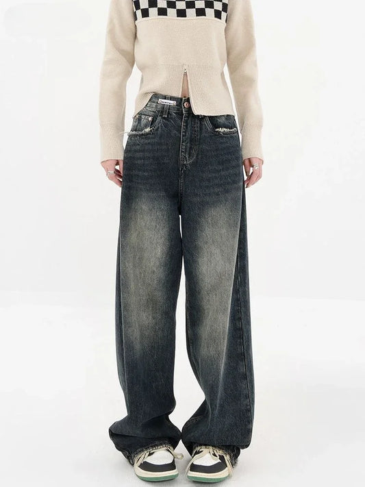 maoxiangshopY2K Women Vintage Streetwear Korean Baggy Blue Jeans High Waist Straight Wide Leg Pants Denim Trousers Fairy Grunge Alt Clothes