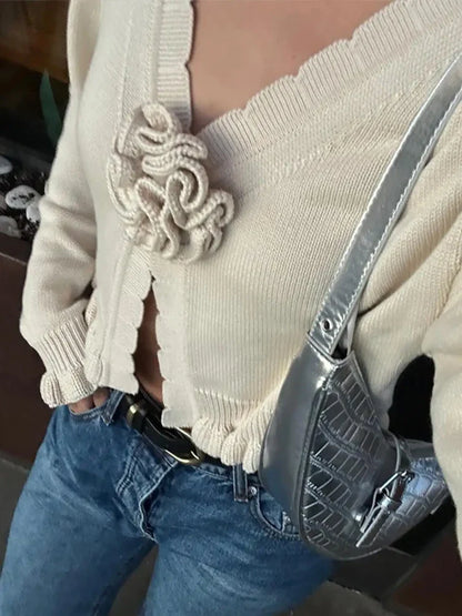 maoxiangshop  -  Knitted 3D Flower Cardigans Women Slim V-neck Ruffles Hem Lantern Sleeve Short Female Sweaters 2024 Autumn Fashion Lady Outwear
