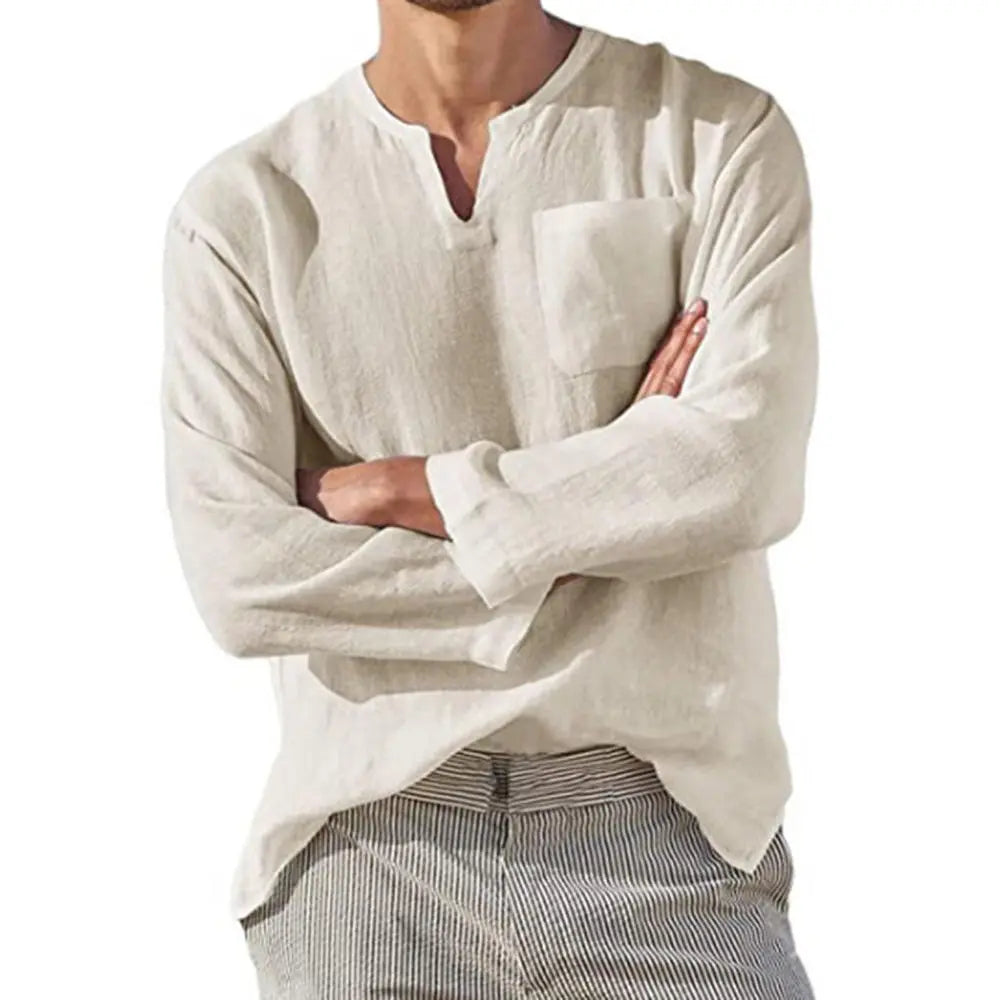 maoxiangshop Men Casual Cotton Linen ShirtsStanding Collar Male Solid Color Long Sleeves Loose Tops Spring Autumn Handsome Men's Shirts