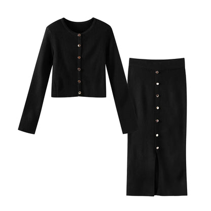 maoxiangshop  -  Elegant Women's Sets Autumn O-neck Buttons Black Knitted Cardigan Midi Skirts Suits Woman Sheath Elegant Solid Sets Office Lady