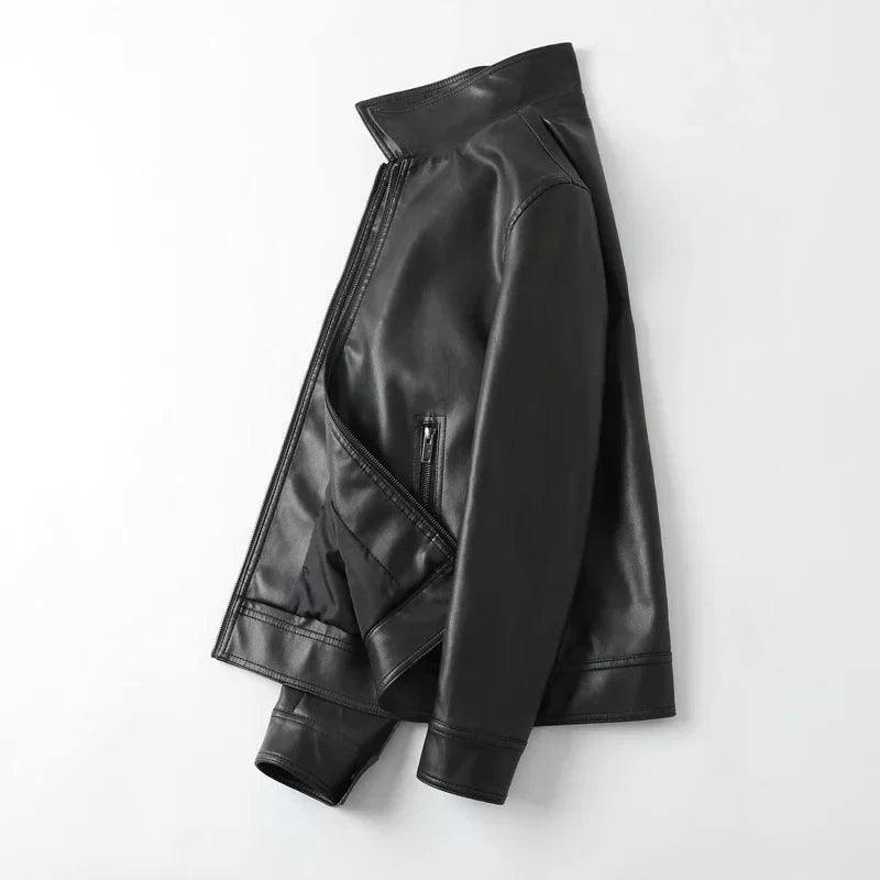 maoxiangshop Men Bomber Leather Jacket New Anti-wind Lapel Solid Casual Slim Fit Jacket Coats Motorcycle PU Leather Jacket Fashion