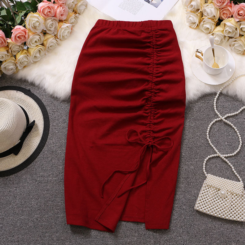 maoxiangshop Women Solid Drawstring Sheath Skirts Elastic High Waist Female Fashion Bodycon Irregular Midi Pencil Skirts