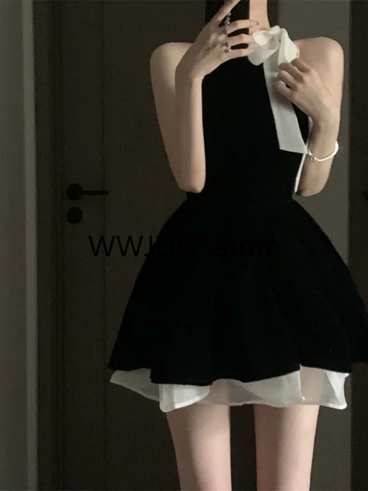 maoxiangshop Sexy Dress Woman Bow Bandage Sleeveless Slim Patchwork Black Mini Dresses Puffy Elegant Vintage Ladies Summer Fashion Chic