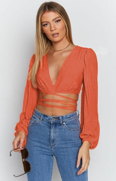 Summer New Temperament Solid Color Women's Breathable Lantern Sleeves Sexy V-neck Strappy Cardigan Cropped Top Sunscreen Shirt