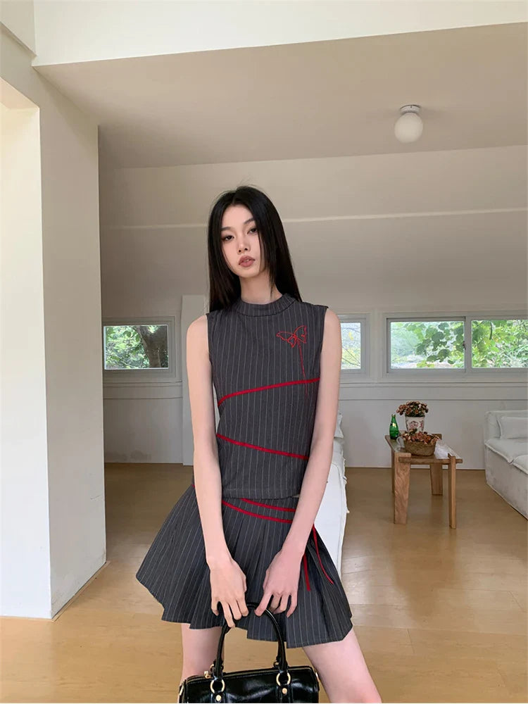 Summer Women Vintage Old Money 2000s Aesthetic Outfits 2 Piece Set Striped Tank Tops + A-line Mini Pleated Skirts Korean Fashion