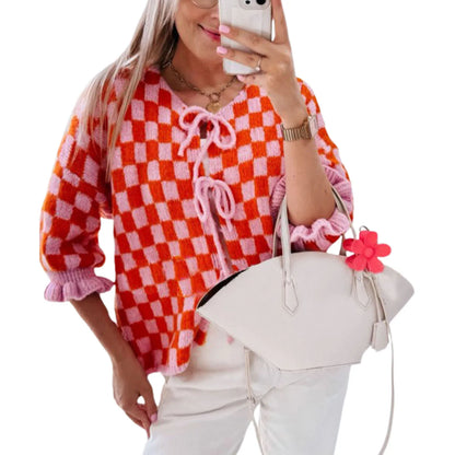 maoxiangshop  -  Women's Tie Front Knitted Cardigan New Style 2024 New Checkered Half Sleeve Sweater Casual Autumn Winter Cardigan Knitwear