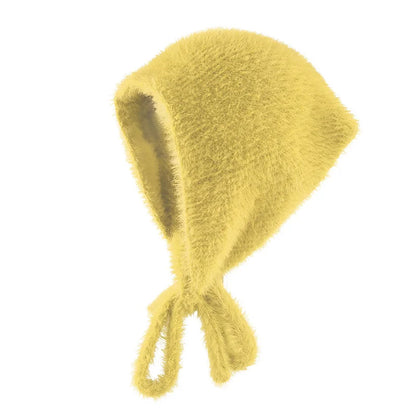 maoxiangshop  -  Autumn Winter Plush Triangle Scarf for Women Girls Sweet Warm Lace-Up Beanies French Fleece Knitted Bonnet Headscarf Accessories