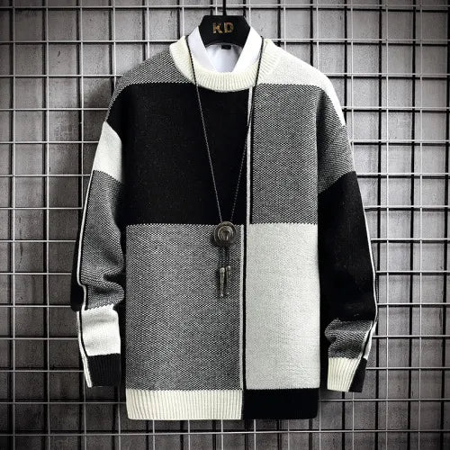 maoxiangshop Half High Collar Color Blocking Warm Sweater/ High Quality Men Spring Autumn Slim Leisure Korean Long Sleeve Loose Knit Pullover