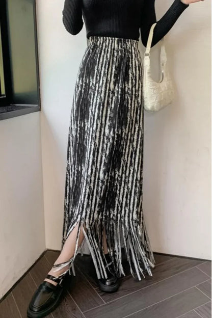 maoxiangshop French Chic Long Skirts for Women Tie-dye Printed Tassel High Waist Female Sheath Skirt Ladies Streetwear Maxi Skirt