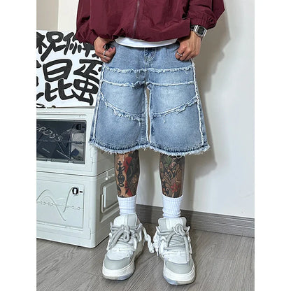 maoxiangshop American High Street Men's Wide Leg Denim Shorts Summer New Fashion Casual Baggy Short Jeans Male Chic Burrs Clothes
