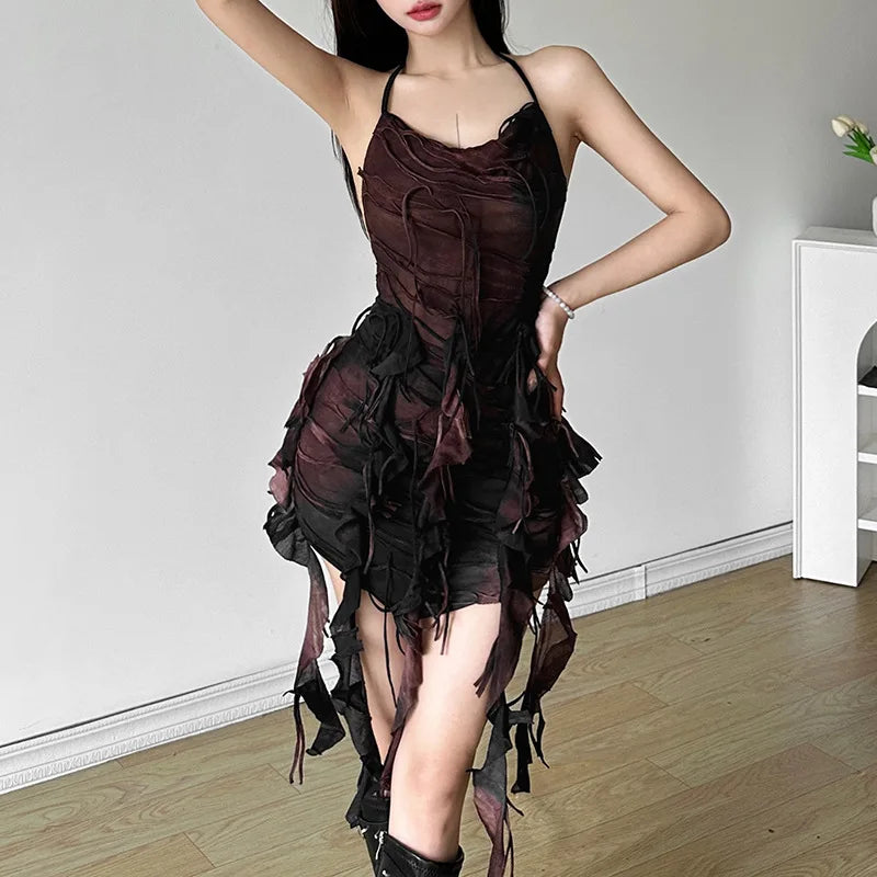 Wild Original Gradient Tassel Retro Old Fashionable High Street Sexy Sweet Gentle Women'S Summer Thin Halter Dress