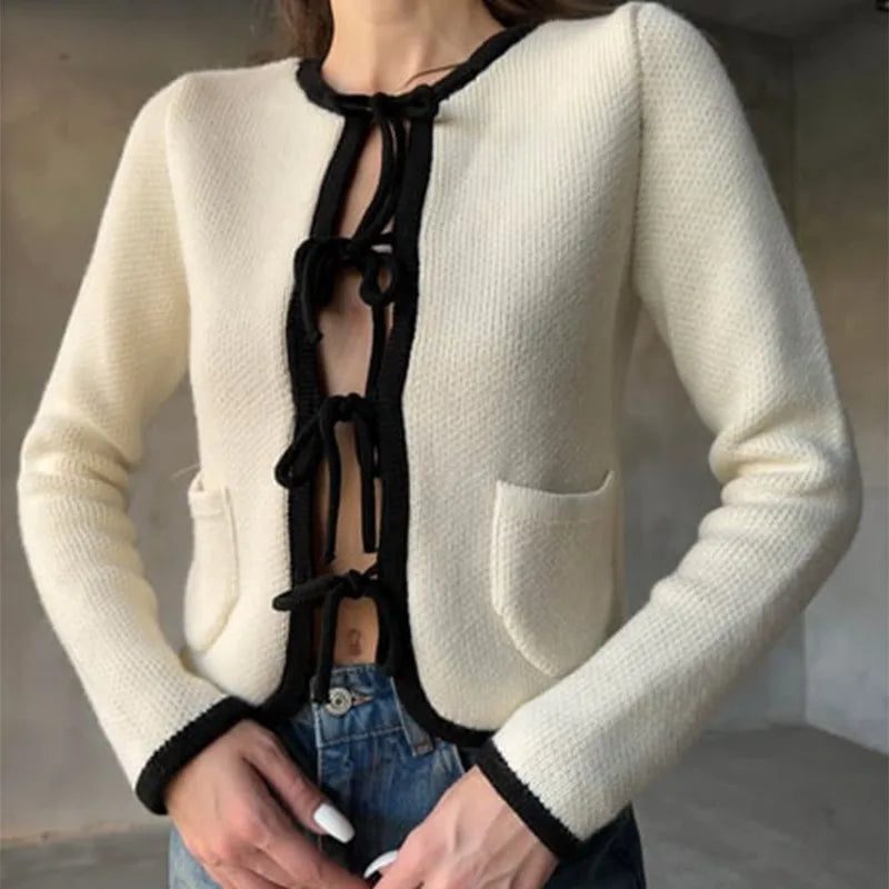 Talenza Bow Knitted Cardigan Women's Autumn Casual Lace Cardigan Slim Top Commuting Long Sleeve Pocket Patchwork Knitted Jacket