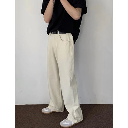 maoxiangshop Baggy Beige Jeans Men Fashion Casual Oversized Wide Leg Jeans Men Streetwear Korean Loose Straight Denim Pants Mens Trousers