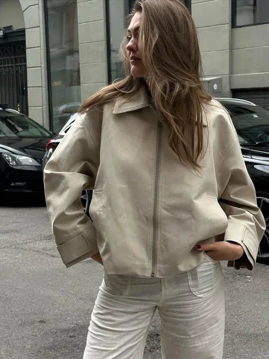 maoxiangshop  -  Autumn Fashion Leather Laple Zipper Jacket Women Elegant Long Sleeve Pocket Warm Loose Solid Coats 2024 Lady High Street Jackets