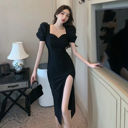 French Style Over Knee Long Dress Women's Temperament Slim Fit High Split Sexy Dress Summer High Waisted Bubble Sleeve Vestidos