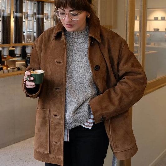 maoxiangshop  -  Brown Lapel Pocket Suede Leather Jacket for Woman Causal Single Button Long Sleeve Vintage Blazer Coat 2024 Autumn Women Outwear