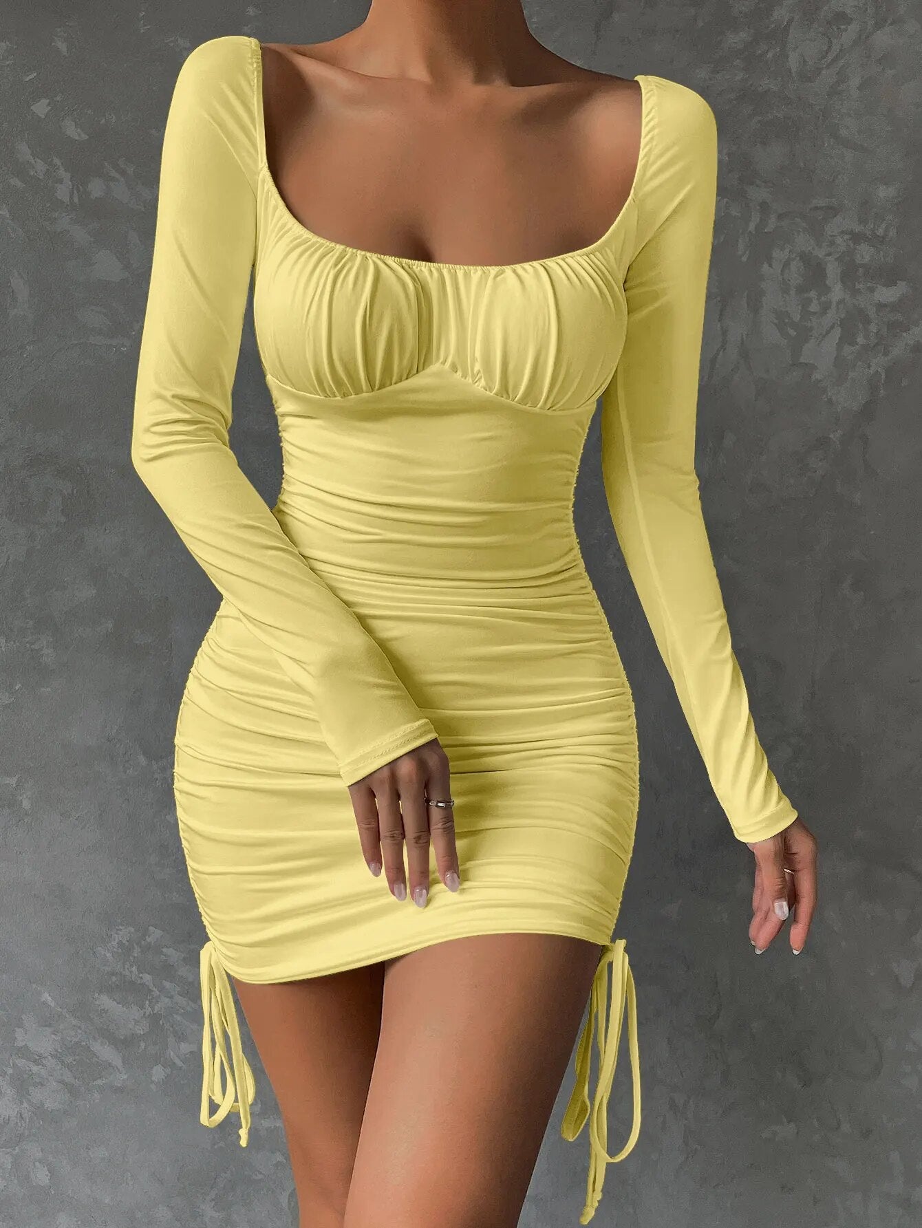 maoxiangshop Sexy Square Neck Backless Tight Mini Dress Women's Long Sleeve Drawstring Pleated Party Wrapping Dress New Style