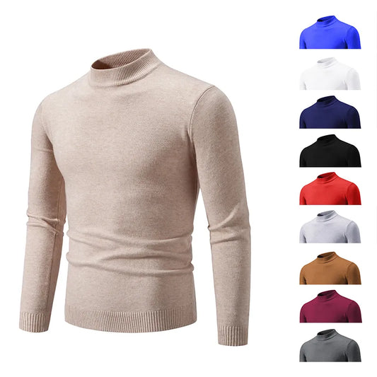 maoxiangshop Autumn New Sweater Men's Half High Neck Basic Solid Color Casual Versatile Round Neck Knit with Slim Fit Elastic Sweater Inside