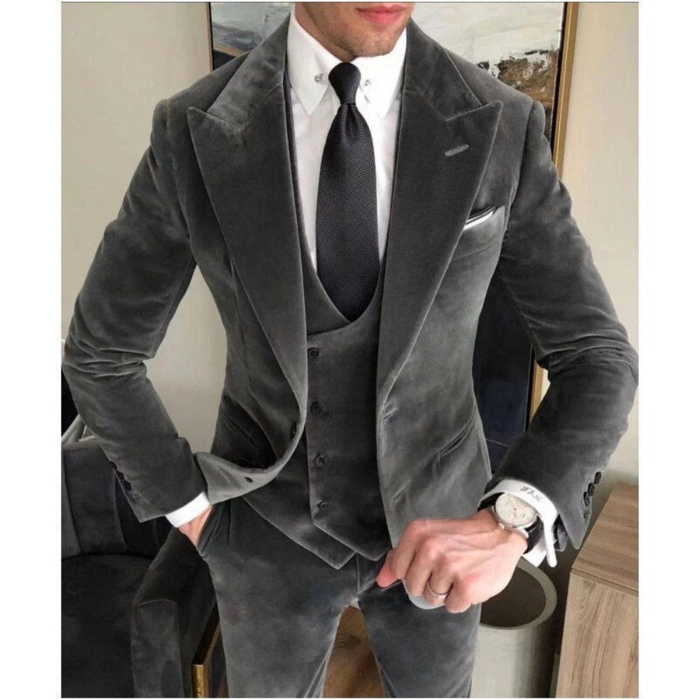 maoxiangshop Business Gray Velvet Blazer Sets Wedding Men's Suits Slim Fit Custome Homme Elegant Formal 3 Pieces Outfits Jacket+Pants+Vest