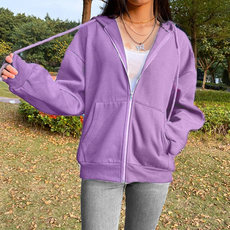 Sweatshirt Hoodie Oversize Hooded Cardigan Sweatshirts Gray Women Clothes Solid Zip Up Hoodies Autumn Women Tops Long Sleeves