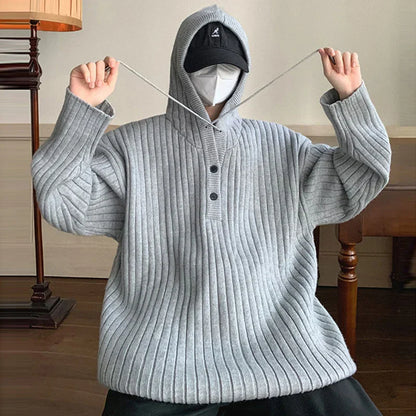 maoxiangshop Winter Clothing Men's Luxury Knitted Hooded Pullover Sweater Casual Streetwear Button-down Solid Color Long Sleeve Hoodie