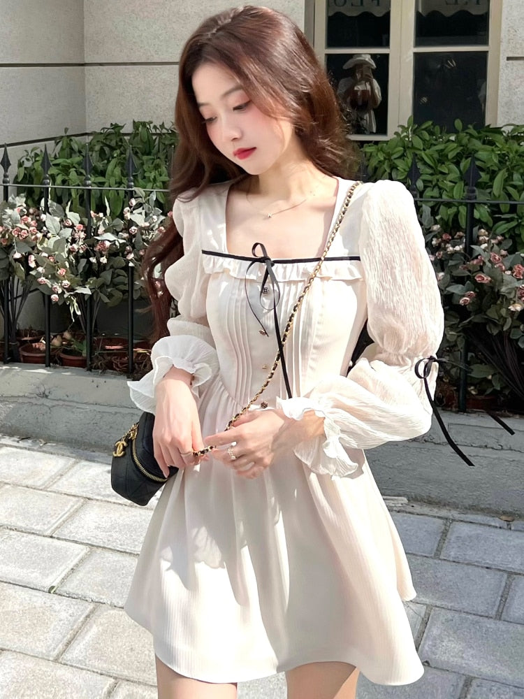 maoxiangshop Lolita Bandage Mini Dress for Women Party Y2k Casual Long Flare Sleeve Vintage One Piece Dress Elegant Korea Fashion Autumn