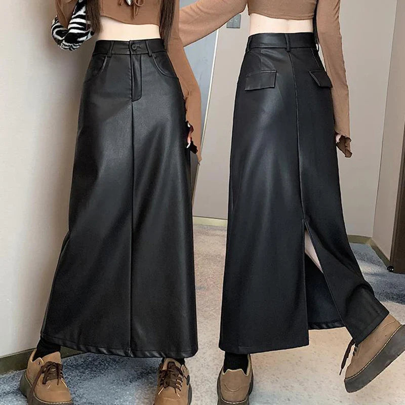 maoxiangshop Vintage Coffee Black Long Skirt for Women Casual Back Split Pu Leather Skirts Ladies Autumn Winter High Waist A-Line Skirt