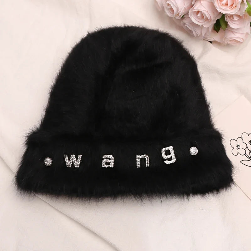 maoxiangshop New Fashion Rabbit Fur Y2k Beanies for Women Soft Warm Fluffy Angola Winter Hat Female Windproof Bonnet Hat Skullies Cap