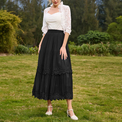 maoxiangshop Women Renaissance Skirts Lace Hem Tiered Skirt Elastic Waist A-Line Maxi Skirt Club Party Vintage Steampunk Casual Skirt