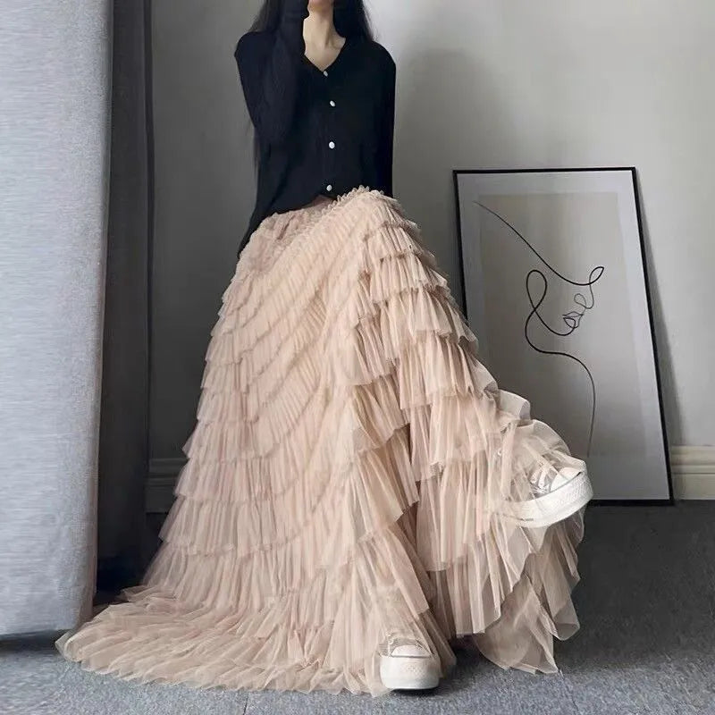 maoxiangshop Fairy Heavy Industry Net Yarn Cake Skirt Women's Spring Summer Long Ankle Design Sense Niche Figure Wide Hem Long Skirts Woman