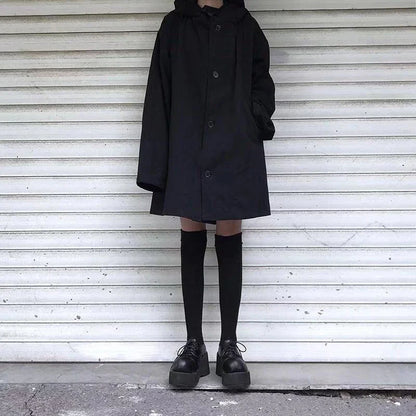 Harajuku Black Jacket Women Dark Academic Long Sleeve Loose Hooded Midi Outwear Bf Streetwear Oversized Casual Capes Coats