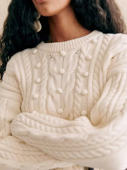 maoxiangshop -  Round Neck Ball Embellished Sweater Women Long Sleeved Warm Knitwear Pullover Autumn Winter Fashion Female Casual Jumper