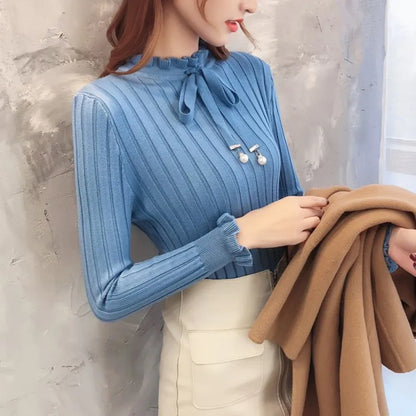 maoxiangshop Women Autumn Winter Solid Color Slim Long-Sleeved High Collar Slim Bottom Knit Sweater