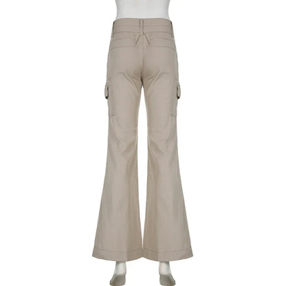 Streetwear Vintage Low Rise Women Jeans Solid Pockets Cargo Style Flared Pants Denim Y2K Aesthetic Trousers Clothing