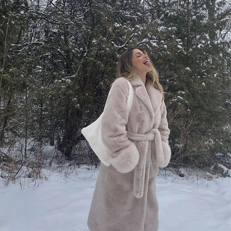 maoxiangshop  -  Luxury Winter Long Overcoats Women Oversized Lapel Belted Faux Rabbit Fur Coat Jacket Female Plus Size Outerwear Plush Fur Coats