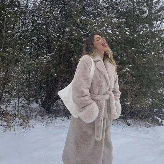 maoxiangshop  -  Luxury Winter Long Overcoats Women Oversized Lapel Belted Faux Rabbit Fur Coat Jacket Female Plus Size Outerwear Plush Fur Coats