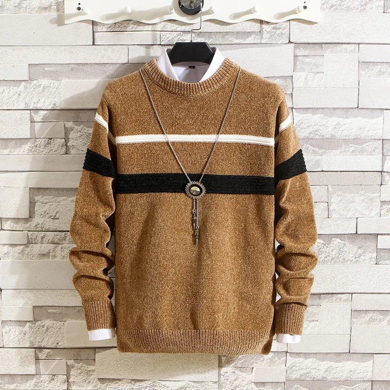 maoxiangshop Autumn and Winter Sweaters Men's Round Neck Stripe Contrast Chenille Elastic Casual Versatile Solid Knit Pullover Top