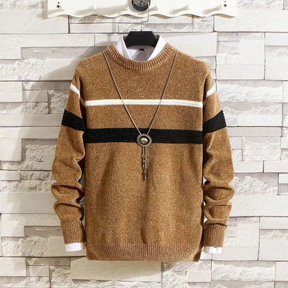 maoxiangshop Autumn and Winter Sweaters Men's Round Neck Stripe Contrast Chenille Elastic Casual Versatile Solid Knit Pullover Top