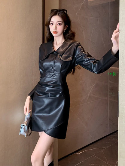 maoxiangshop Spring Fall Women High Waisted Black Pu Leather Irrgular Dress , Woman Slim Above Knee Length Pleated Dresses