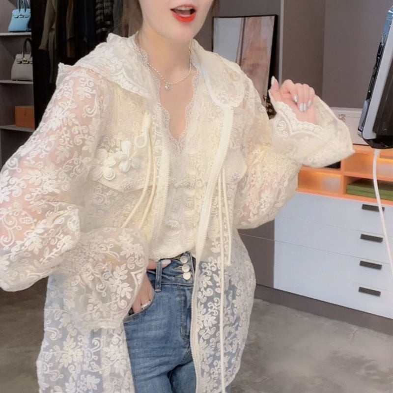 maoxiangshop New Women Summer Tops Cardigan Female Fashion Blouses Lace Blouse Shirt Ladies Long Sleeve Shirts Sun Protection Clothes