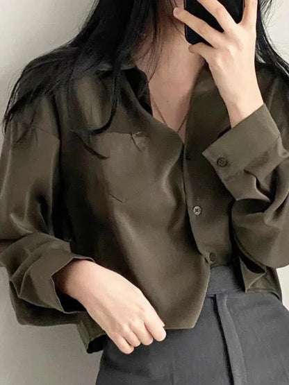 maoxiangshop Designed Women Shirts Korean Fashion Solid Long Sleeve Button Up Tops Office Ladies Chiffon Short Blouse New