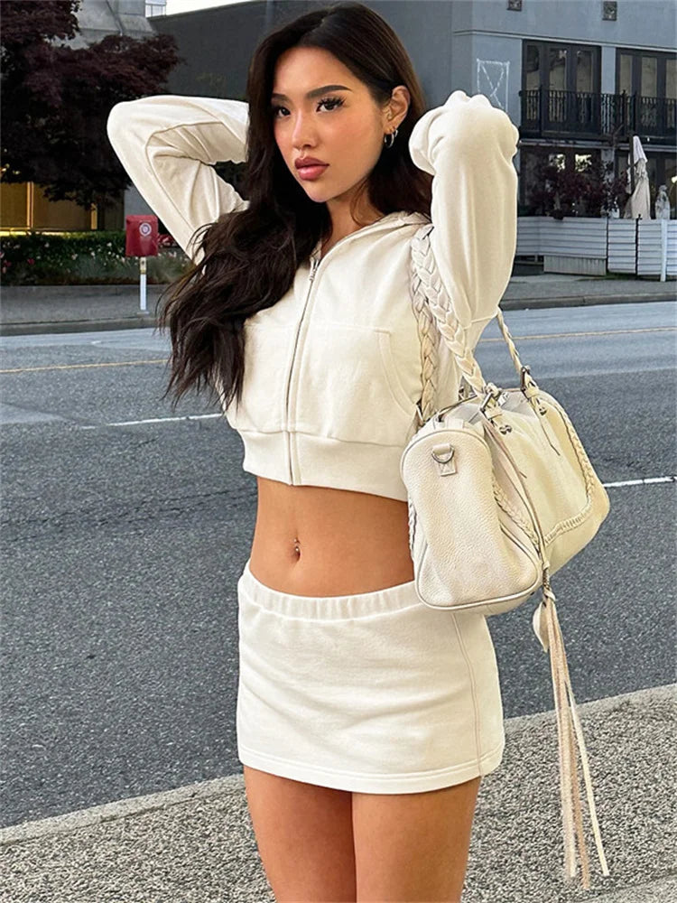 maoxiangshop  -  Autumn Fashion Hoodie 2 Piece-Set Skirt Female Cropped Zipper Cardigan Top And Skirt Sets Tracksuit Women's Sexy Outfits