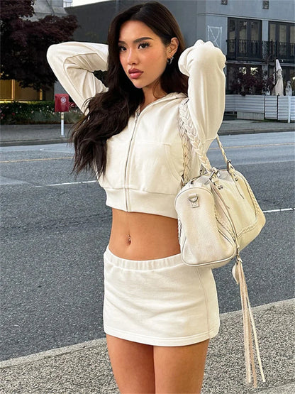 maoxiangshop  -  Autumn Fashion Hoodie 2 Piece-Set Skirt Female Cropped Zipper Cardigan Top And Skirt Sets Tracksuit Women's Sexy Outfits