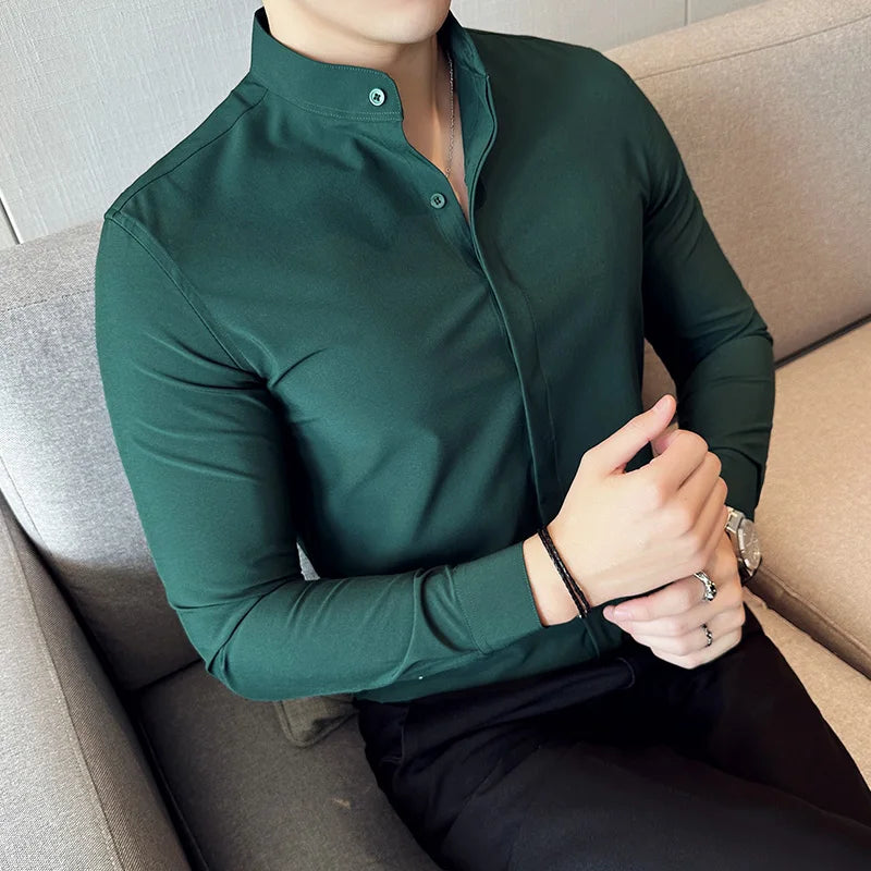 maoxiangshop Camisas De Hombre Stand Collar Luxury Shirts For Men Quality Camisa Masculina Stretch Slim Fit Mens Dress Shirts Formal Clothes
