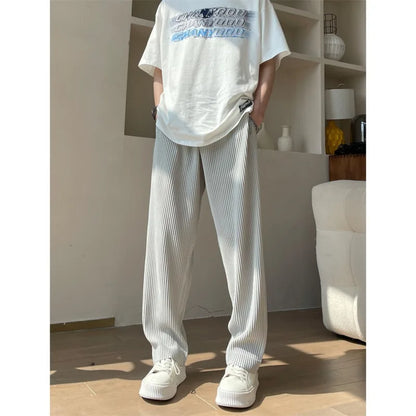maoxiangshop Summer Pleated Pants Men Fashion Oversized Ice Silk Pants Men Japanese Streetwear Loose Straight Pants Mens Casual Trousers
