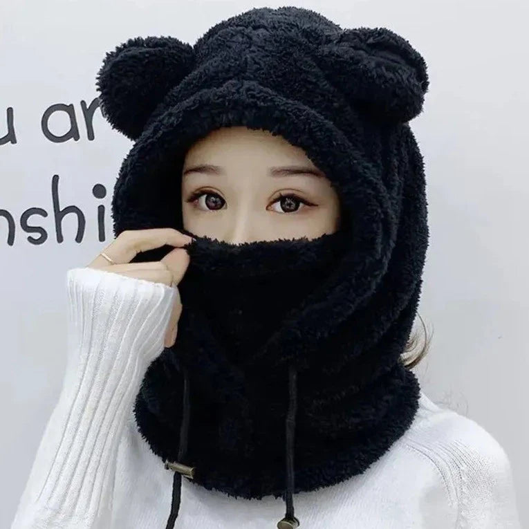 maoxiangshop Cute Winter Earflaps Plush Bear Ears Hats adult Warm Mask for Outdoor Women Bonnet Hood